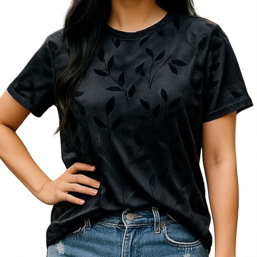 90s ROBBIE BEE Vintage Black Floral Printed Velvet Short Sleeve T-shirt